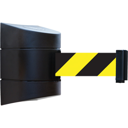 Tensabarrier® Wall Unit, Steel, Screw Mount, 30', Black and Yellow Tape