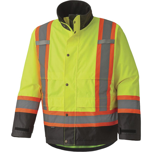 5401 300D Trilobal Ripstop Waterproof Safety Jacket, Polyester, Black/High Visibility Lime-Yellow, Large