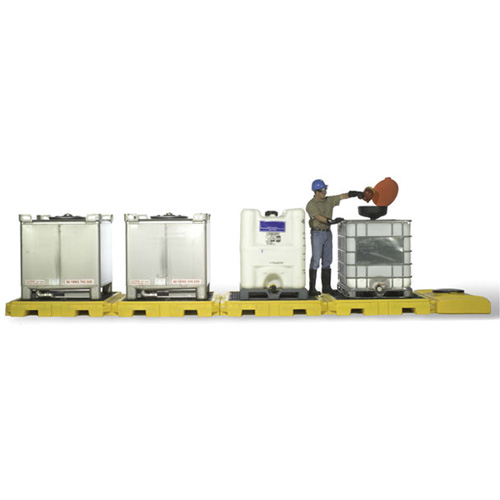 Indoor 4-Tank Ultra-Modular IBC Spill Pallet, 365 US gal. Spill Capacity, 279" x 11" x 62"