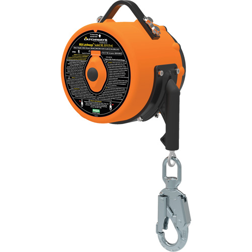 Latchways Sealed Self-Retracting Lanyard, 85', 1 Leg, Stainless Steel Cable, Snap Hook Harness Connector
