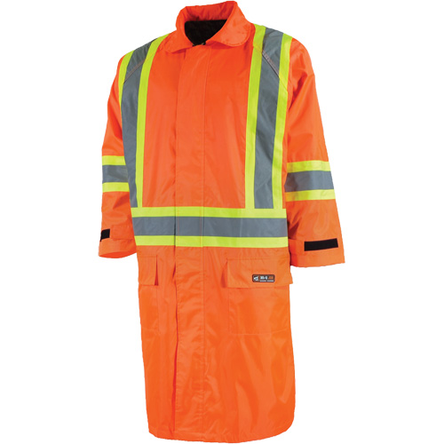 Long Rain Jacket with Detachable Hood, Nylon/PVC, Small, High Visibility Orange