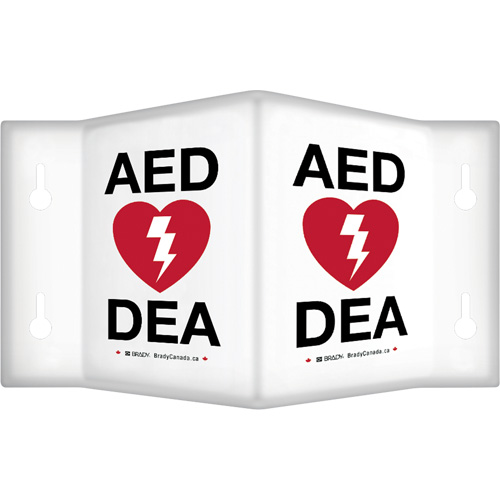 90° Projecting "AED/DEA" Sign, 9" x 6", Plastic, Bilingual with Pictogram