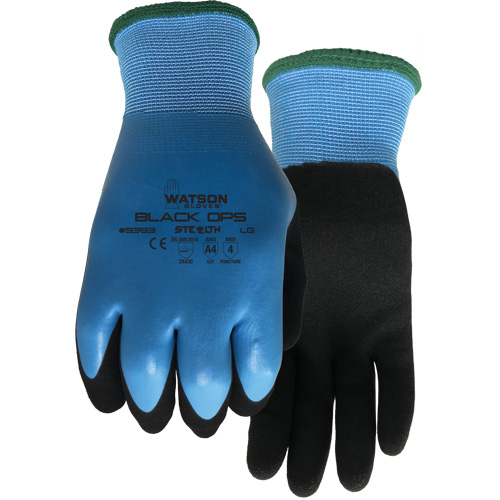Stealth Black Ops Water-Resistant Gloves, Large, 15 Gauge, Rubber Latex Coated, ASTM ANSI Level A4
