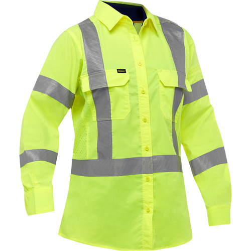 Bisley® X-Back Women's Long Sleeve Work Shirt with X-Airflow™, Poly-Cotton, Large, High Visibility Lime-Yellow