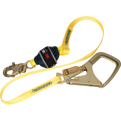 Web Shock-Absorbing Lanyard, 6', Rebar Hook Center, Snap Hook Leg Ends, Polyester