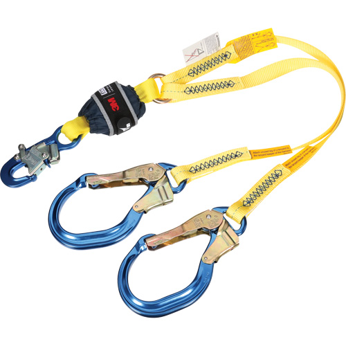 Twin-Leg Web Shock-Absorbing Lanyard, 4', Rebar Hook Center, Snap Hook Leg Ends, Polyester