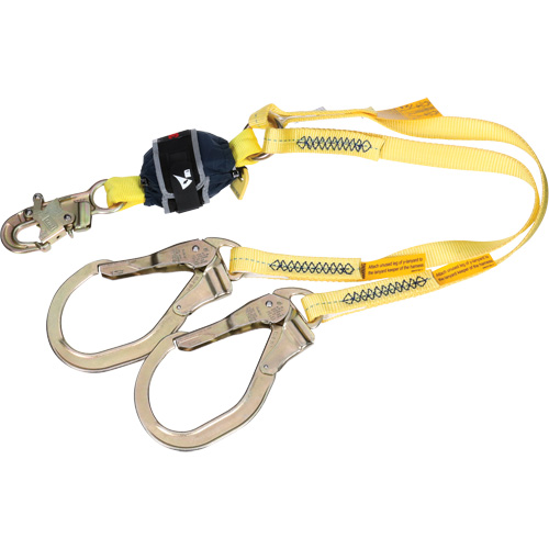 Twin-Leg Web Shock-Absorbing Lanyard, 4', Rebar Hook Center, Snap Hook Leg Ends, Polyester