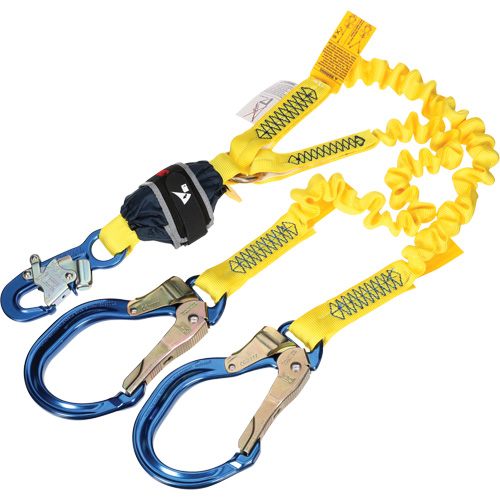 Twin-Leg Stretch Web Shock-Absorbing Lanyard, 6', Rebar Hook Center, Snap Hook Leg Ends