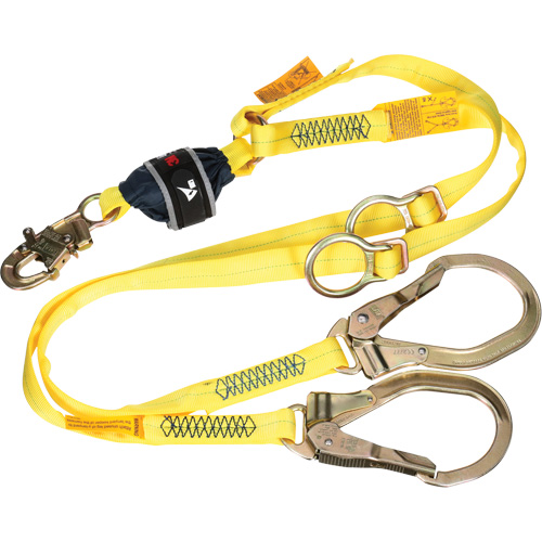 Twin-Leg Tie-Back Web Shock-Absorbing Lanyard, 6', Rebar Hook Center, Snap Hook Leg Ends, Polyester