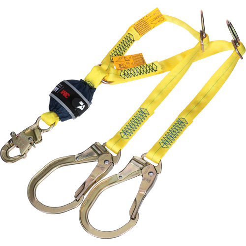 Twin-Leg Tie-Back Web Shock-Absorbing Lanyard, 4', Rebar Hook Center, Snap Hook Leg Ends, Polyester