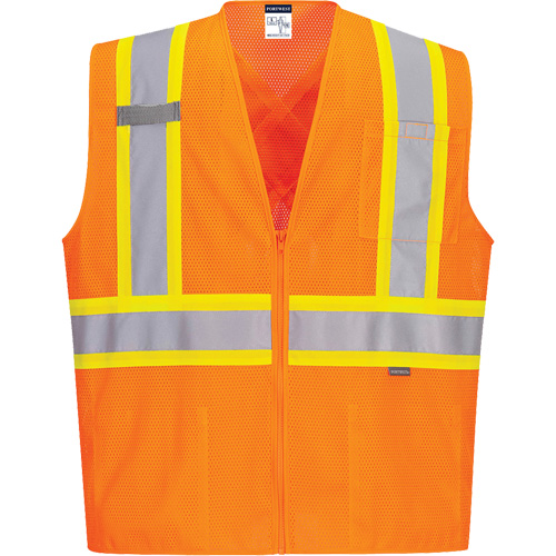 Contrast-Striped Safety Vest, High Visibility Orange, Large, Polyester