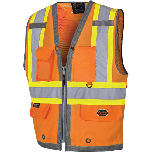 Pioneer Mesh Back Zip Front Surveyor Safety Vest, High Visibility Orange, Medium, Polyester