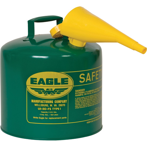 Safety Can for Combustibles with Funnel, Type I, Galvanized Steel, 5 US gal., Green, FM Approved/UL/ULC Listed