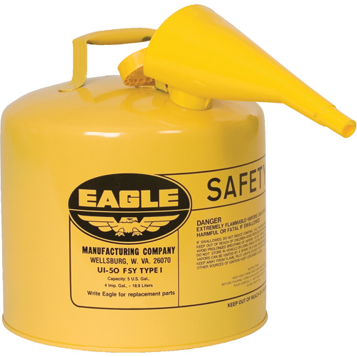 Safety Can for Diesel with Funnel, Type I, Galvanized Steel, 5 US gal., Yellow, FM Approved/UL/ULC Listed