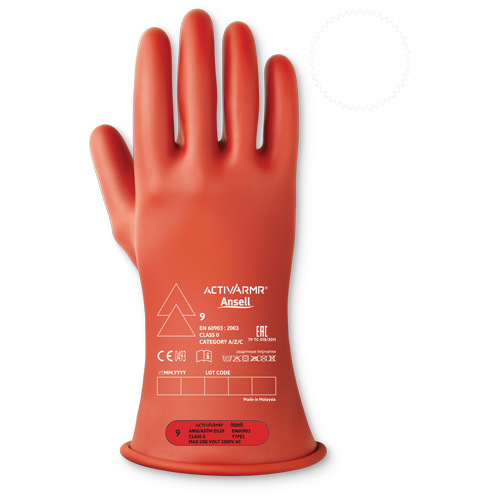 ActivArmr® Electrical Insulating Class 0 Gloves, 10, 11" L, Level 1, ASTM D120/ATSM F2675:2021/IEC 614821-2:2014