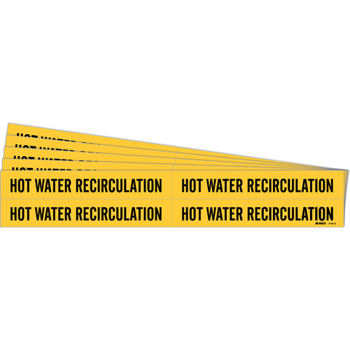 "Hot Water Recirculation" Pipe Markers, Self-Adhesive, 1-1/8" H x 7" W, Black on Yellow
