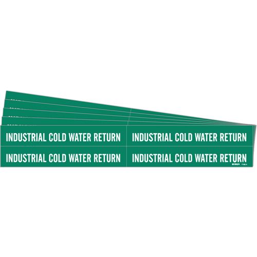 "Industrial Cold Water Return" Pipe Markers, Self-Adhesive, 1-1/8" H x 7" W, White on Green