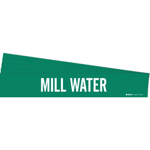 "Mill Water" Pipe Marker, Self-Adhesive, 2-1/4" H x 14" W, White on Green