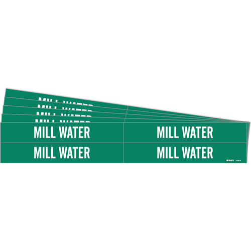 "Mill Water" Pipe Markers, Self-Adhesive, 1-1/8" H x 7" W, White on Green