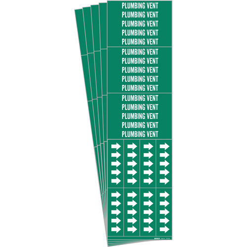 "Plumbing Vent" Pipe Markers, Self-Adhesive, 1-1/8" H x 7" W, White on Green