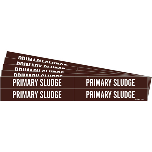 "Primary Sludge" Pipe Markers, Self-Adhesive, 1-1/8" H x 7" W, White on Brown
