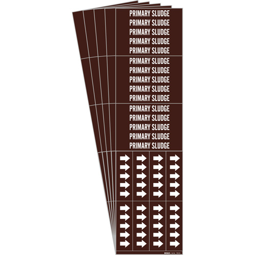 "Primary Sludge" Pipe Markers, Self-Adhesive, 2-1/4" H x 2-3/4" W, White on Brown