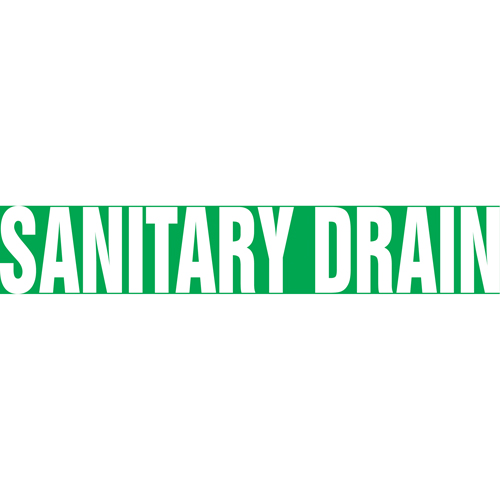 "Sanitary Drain" Pipe Markers, Self-Adhesive, 4" H x 24" W, White on Green