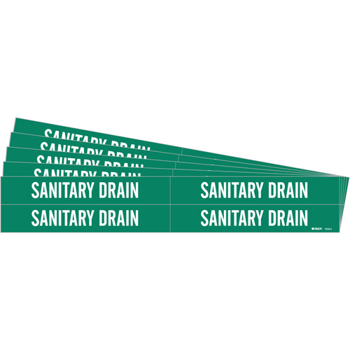 "Sanitary Drain" Pipe Marker, Self-Adhesive, 1-1/8" H x 7" W, White on Green