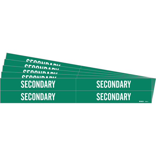 "Secondary" Pipe Marker, Self-Adhesive, 1-1/8" H x 7" W, White on Green