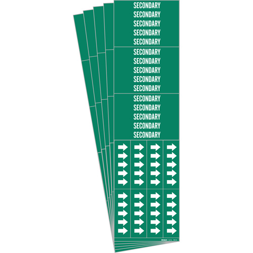 "Secondary" Pipe Markers, Self-Adhesive, 2-1/4" H x 2-3/4" W, White on Green