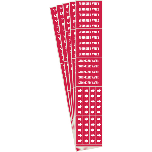 "Sprinkler Water" Pipe Marker, Self-Adhesive, 2-1/4" H x 2-3/4" W, White on Red