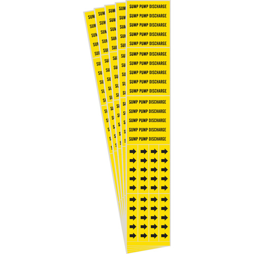 "Sump Pump Discharge" Pipe Markers, Self-Adhesive, 2-1/4" H x 2-3/4" W, Black on Yellow