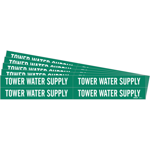 "Tower Water Supply" Pipe Markers, Self-Adhesive, 1-1/8" H x 7" W, White on Green