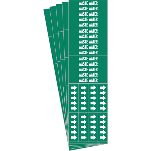 "Waste Water" Pipe Markers, Self-Adhesive, 2-1/4" H x 2-3/4" W, White on Green