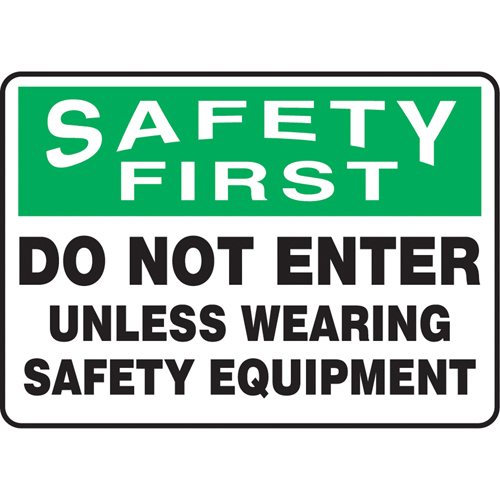 "Wearing Safety Equipment" Sign, 7" x 10", Plastic, English