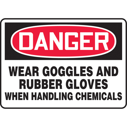 "Wear Goggles & Rubber Gloves" Sign, 10" x 14", Aluminum, English