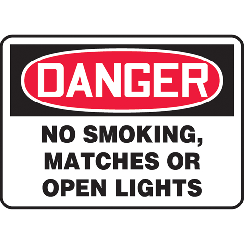 "No Smoking, Matches Or Open Lights" Sign, 7" x 10", Plastic, English