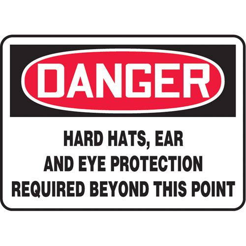 "Hard Hats, Ear & Eye Protection Required" Sign, 10" x 14", Plastic, English