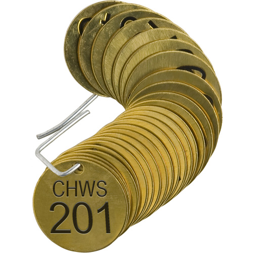 Numbered "CHWR" Valve Tags, # 201-225, Brass, 1.5" dia