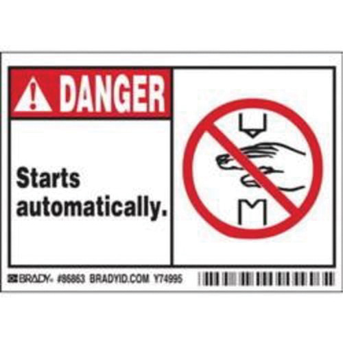 "Danger Starts Automatically" Sign, 3-1/2" x 5", Polyester, English with Pictogram