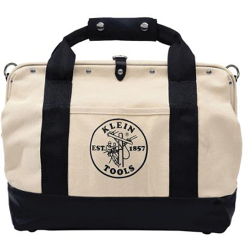 18" Tool Bag with Leather Bottom, Canvas, 11 Pockets, Black/Natural