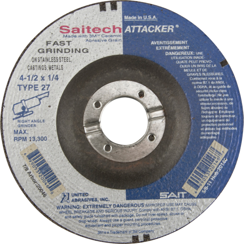 Saitech Attacker® Fast Grinding Wheel, 4-1/2" x 1/4", 7/8" Arbor, Aluminum Oxide/Ceramic, Type 27