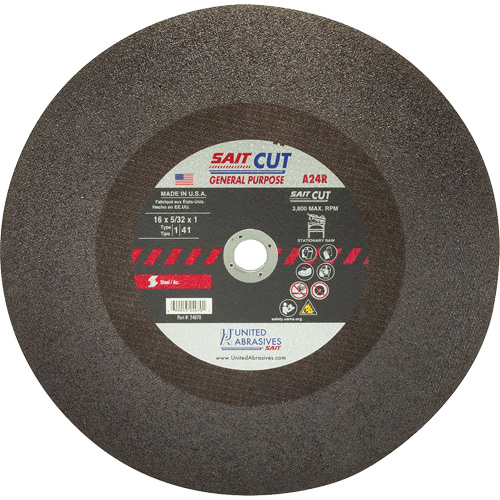 Cut-Off WHEEL A24R, 16" x 5/32", 1" Arbor, Type 1, Aluminum Oxide, 3800 RPM