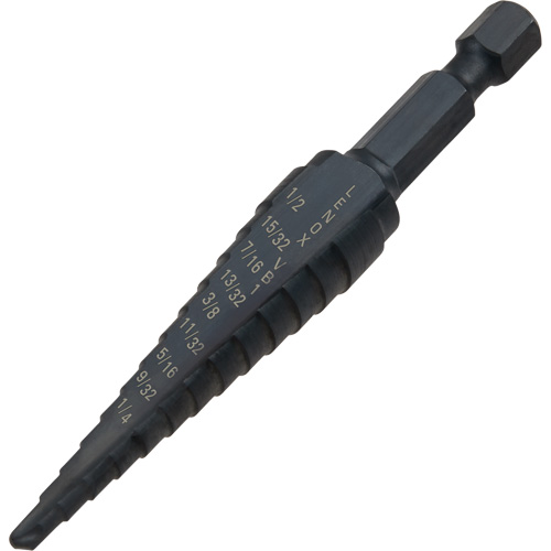 #1 Step Drill Bit, 1/8" - 1/2" , 1-3/2" Increments, High Speed Steel