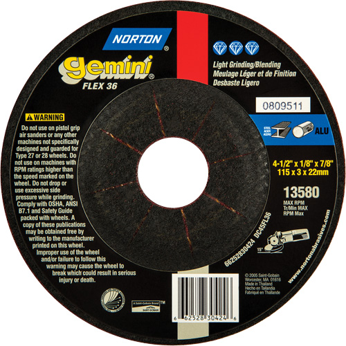 Gemini® Flexible Mini Disc Depressed Centre Wheel, 4-1/2" x 1/8", 7/8" Arbor, Aluminum Oxide, Type 27