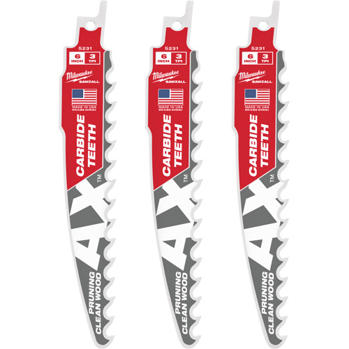 The Ax™ Sawzall® Blade for Pruning & Clean Wood, Carbide, 3 TPI, 6" L x 1" W
