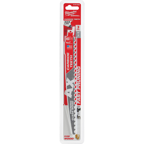 The Ax™ Sawzall® Blade for Pruning & Clean Wood, Carbide, 3 TPI, 9" L x 1" W