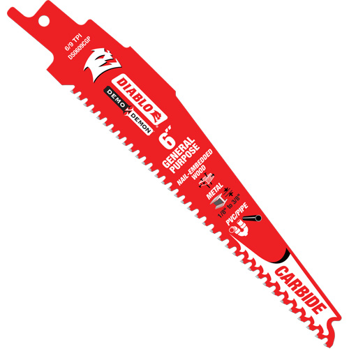General-Purpose Reciprocating Saw Blade, Carbide, 6-9 TPI, 6" L x 1" W