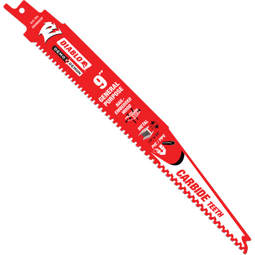 General-Purpose Reciprocating Saw Blade, Carbide, 6-9 TPI, 9" L x 1" W