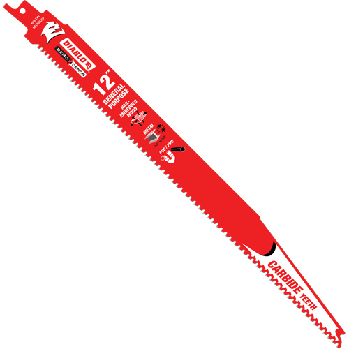 General-Purpose Reciprocating Saw Blade, Carbide, 6-9 TPI, 12" L x 1" W